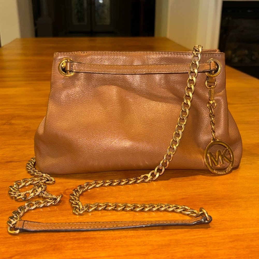 MICHAEL KORS Brown Leather 2-Way Crossbody Shoulder Bag Gold Hardware Small Tote